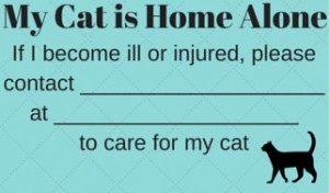 We all worry about our pets. Carry this card with you to let someone know your cat needs attention if you are injured.